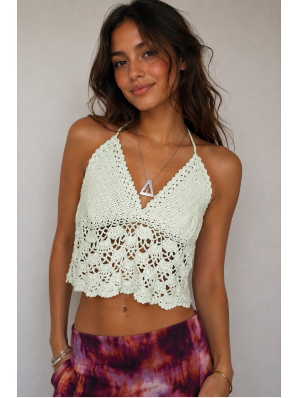 Handmade Crochet Halter Crop Top Mint Green Boho Pineapple Lace Size L